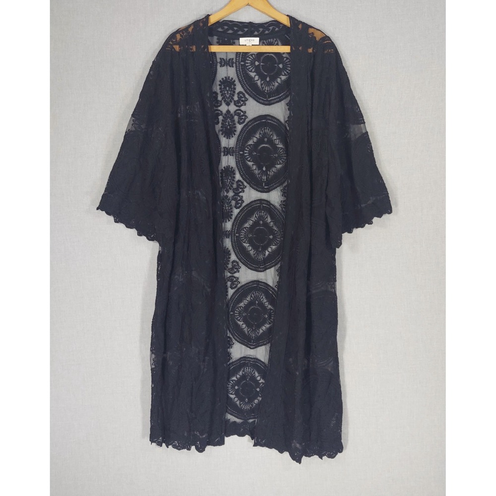 Umgee Sheer Lace Kimono Duster M Boho Crochet Embroidered Festival Black Mesh